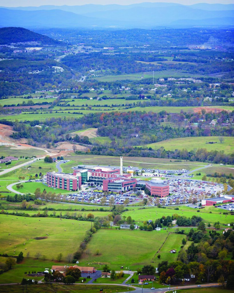 Augusta Health medical center campus photo, taken from the air, with mountains in the background. 